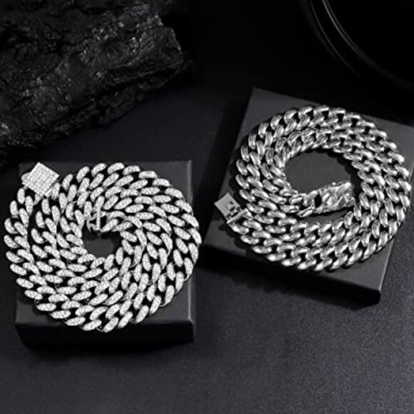 Cuban Link Chain Necklace Gold Silver Plated Bling Diamond Trendy Choker - Picture 6 of 8